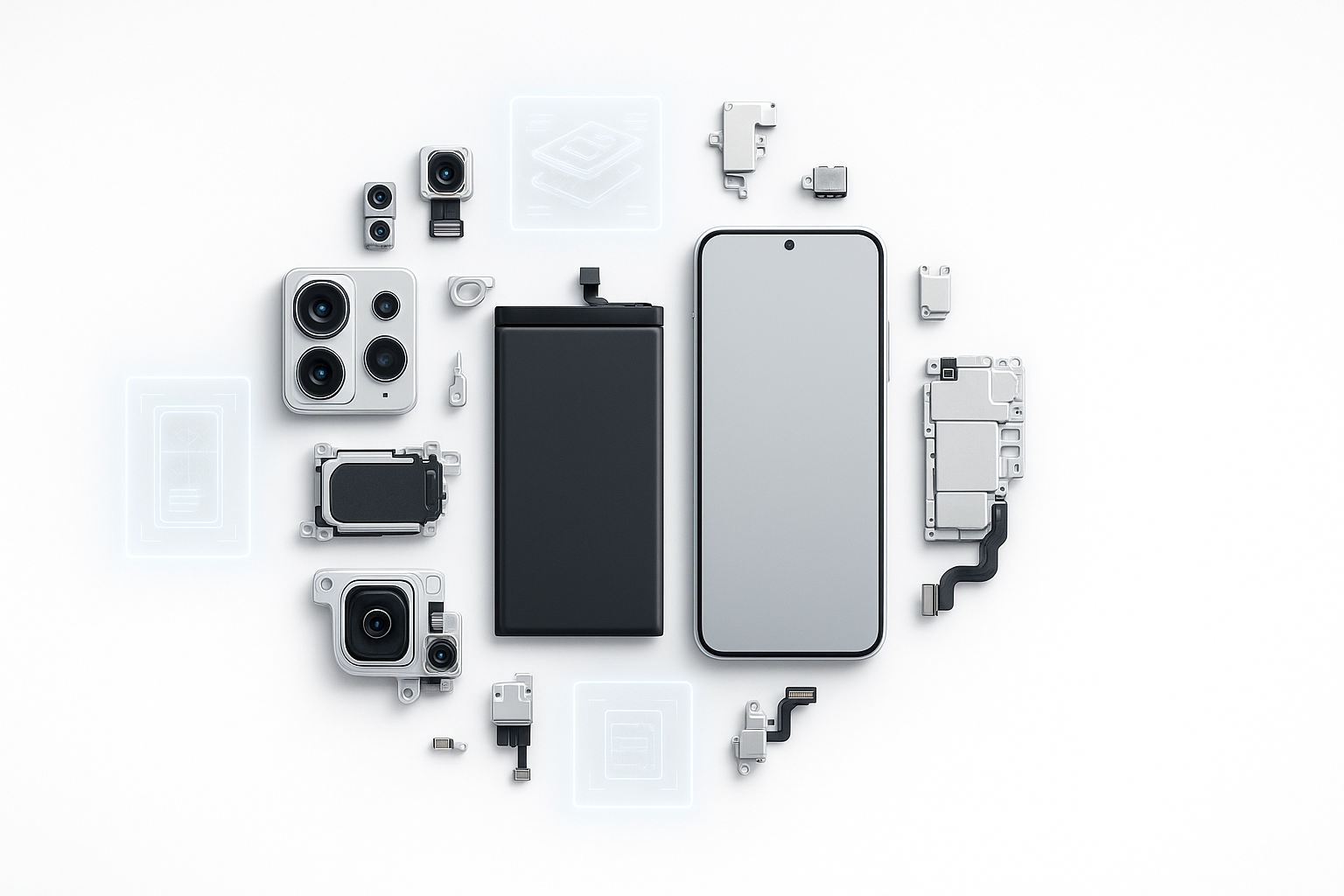 Imagem banner horizontal ampla estilo 2025 em fundo branco puro para seção "Não encontro a reparação que procuro", mostrando uma variedade diversificada de componentes avançados de smartphone dispostos em uma composição perfeitamente centralizada, formando um agrupamento equilibrado e simétrico